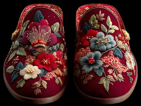 slipper pair embroidered floral photographed ghost mannequin flat lay lighting emphasizes plush luxury finish clean simple design for web and print use clear view modern minimal look neat layout