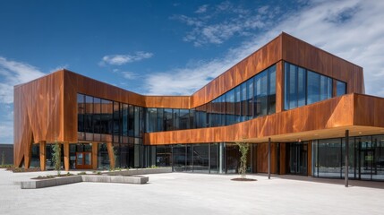 Fototapeta premium Modern canadian elementary school building exterior with large glass windows, landscaped green lawn, walkway, and contemporary campus architecture under cleaModern canadian elementary schoolr blue sky