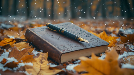 Vintage journal, and pen rest on snowy autumn forest floor with fallen leaves and evening flurries; quiet story, and seasonal transition in soft focus. Concept of Storytelling, Wisdom and Reflection.