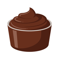 Delicious rich dark chocolate mousse dessert served in a small white cup on a white background