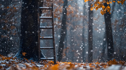 Wooden ladder leans against tree in snowy autumn forest at dusk; fallen leaves and drifting flurries evoke growth, aspiration, ambition, and quiet transformation in soft focus.