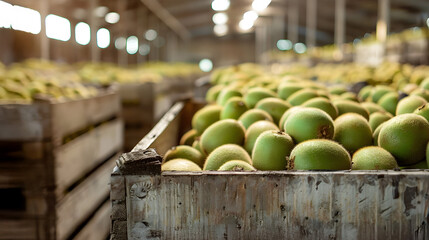 Kiwi fruits harvested in wooden boxes in a warehouse. Natural organic fruit abundance. Healthy and natural food storing and shipping concept.