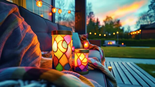 Cozy Evening: Lit Candles, Soft Blankets, and a Beautiful Sunset View
