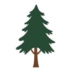 Simple green cartoon pine tree with brown trunk and branches isolated on white background