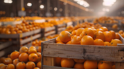 Oranges harvested in wooden boxes in a warehouse. Natural organic fruit abundance. Healthy and natural food storing and shipping concept.