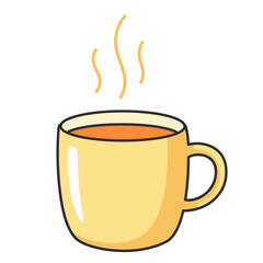 Warm yellow mug filled with hot beverage and steam rising in a simple cartoon illustration style