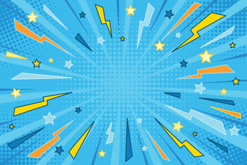 Comic Burst Background with Thunder Lightning. Blue Pop Art Comic Backdrop with lightning, stars and halftone effect for sale banner, event, poster, ads, webpage.