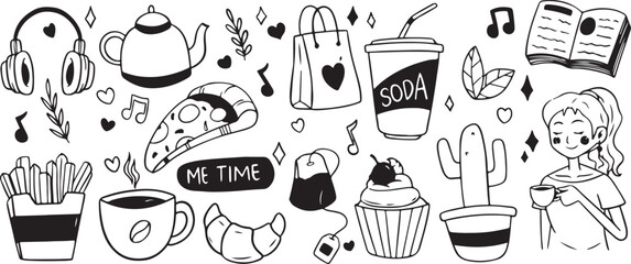 Me Time, Relaxation Icons, Self-Care Symbols, Cozy Patterns, Black White Designs, Spa Graphics, Personal Time, Leisure Elements, Pampering Icons, Wellness Symbols, Vector Art, Relax Icons, Comfort Gra