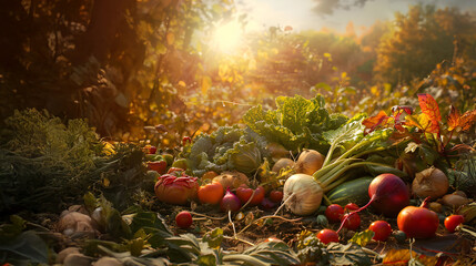 Various vegetables lying at the harvested field in autumn with mist and sun shining in the backgorund.