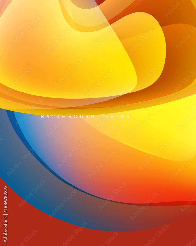 Poster abstract vibrant waves, orange, yellow, blue hues. smooth gradients create dynamic visual flow. mode