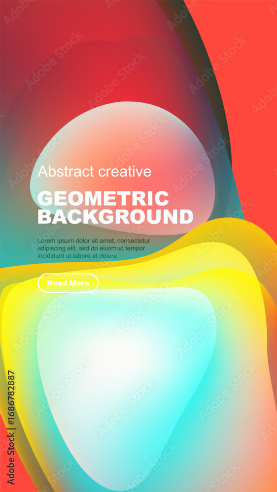 Poster abstract geometric background features vibrant overlapping shapes, text, button. modern design with 