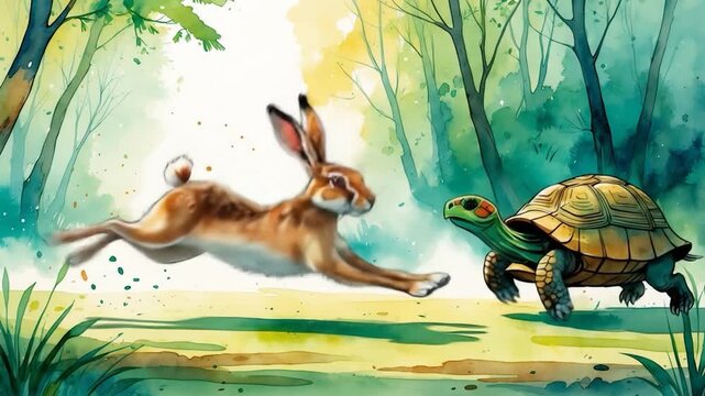 Watercolor Illustration - Hare and Tortoise Race in Forest.