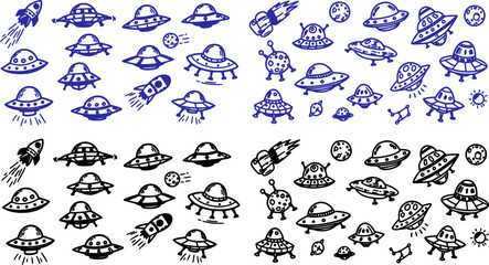 vector set of Space flying saucer. Doodle style
