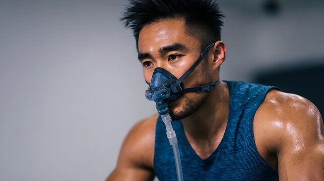 Man wearing a respiratory mask during a strenuous fitness performance test