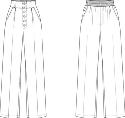 High waist button pants, elastic waistband trousers, front view flat sketch, technical fashion CAD drawing, vector apparel illustration template