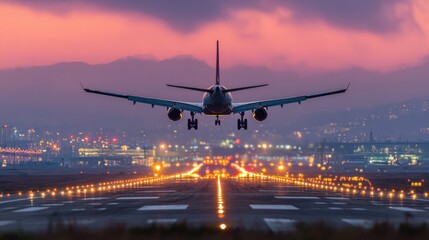 airplane landing twilight city lights