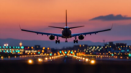 airplane landing sunset city lights