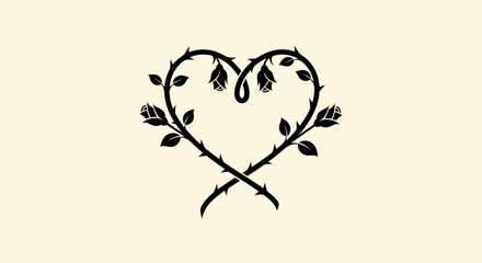 Intertwined thorny rose stems forming a love heart symbol.
