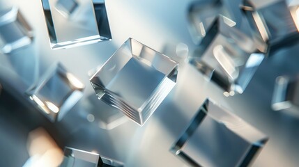 Abstract glass cubes with clear and transparent geometric shapes in studio