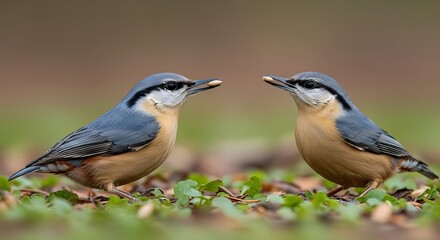 Fototapeta premium Nuthatches Sharing Seeds with Ground Level.