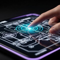 Fototapeta premium Finger Touching Futuristic Tablet Screen, Digital Interface, Technology