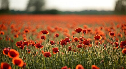 Obraz premium Vibrant Red Poppy Field at Sunset, Natural Landscape Photography