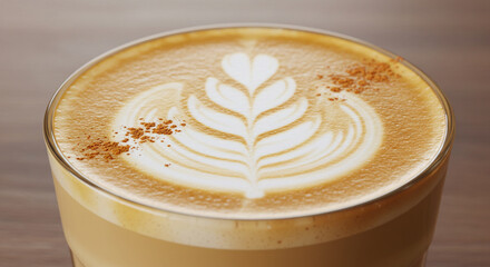 Savor a creamy latte with beautiful latte art and a sprinkle of cinnamon, perfect morning delight