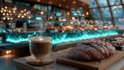 aroma coffee with desserts & bakery futuristic sci fi café concept with glowing digital dessert menu and steaming latte