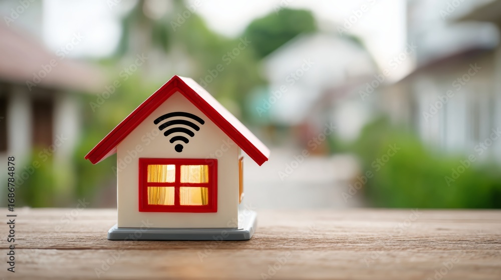 Poster A small house with a red roof and a wifi router on top. The house is on a wooden table and the background is a street with trees