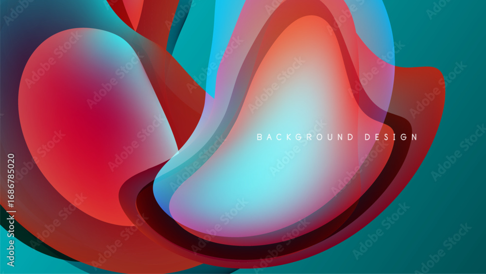 Poster abstract fluid shapes overlap, creating vibrant color blends. dark background emphasizes flowing for