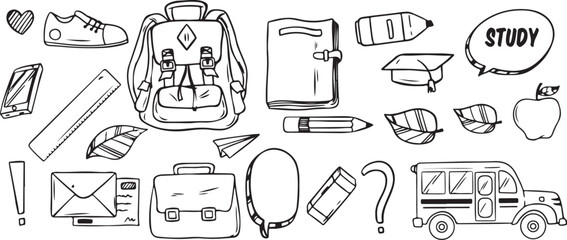 Science and Education Doodles with School Equipment, Whimsical Design, Black and White, Playful, Creative, Artistic, Illustrated, Expressive, Simple, Unique, Academic, Fun, Knowledge-Inspired, Engagin