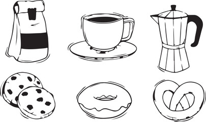 Coffee and Breakfast Doodles with Morning Elements, Whimsical Design, Black and White, Playful, Creative, Artistic, Illustrated, Expressive, Simple, Unique, Energizing, Fun, Cheerful, Breakfast-Inspir