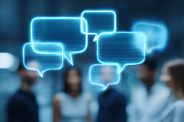 Digital dialogues visualized through floating speech bubbles, dialogues overlapping blurred group figures, dialogues representing modern communication complexity