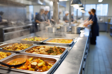 Organized food distribution system, distribution through professional steam tables, distribution ensuring equal portions for all students
