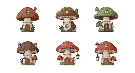 Mushroom House Vector Icon Set with Whimsical Colorful Designs