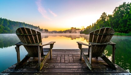 Serene sunrise over calm lake, two chairs