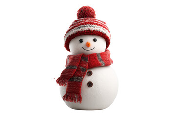 A Christmas snowman wearing a red scarf and hat, isolated on a transparent background.
