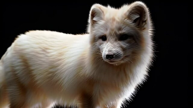 Stunning portrait of a white arctic fox on a black background.