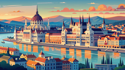 Fototapeta premium Budapest’s Danube Panorama, Hungary reveals grand parliament domes, neo-Gothic spires, and historic baths, illuminated along the riverbanks in a sweeping cultural and architectural ensemble.