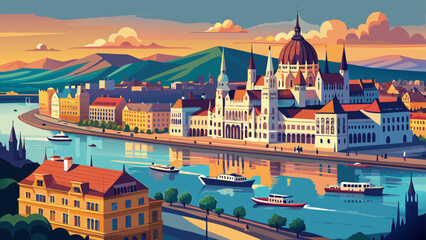 Naklejka premium Budapest’s Danube Panorama, Hungary reveals grand parliament domes, neo-Gothic spires, and historic baths, illuminated along the riverbanks in a sweeping cultural and architectural ensemble.
