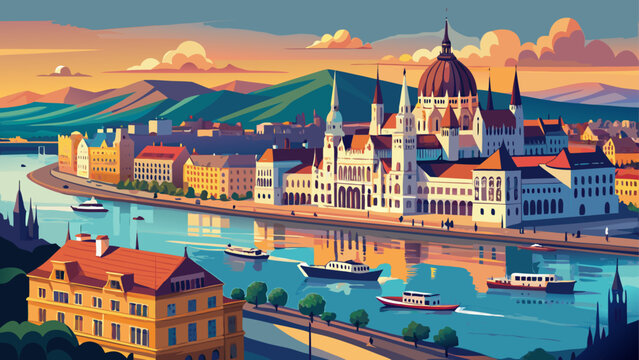 Budapest&rsquo;s Danube Panorama, Hungary reveals grand parliament domes, neo-Gothic spires, and historic baths, illuminated along the riverbanks in a sweeping cultural and architectural ensemble.