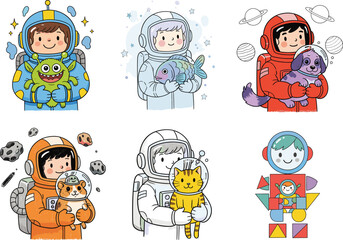 Colorful cartoon astronauts holding animals, aliens, and creatures in space, fun vector illustration for whimsical science fiction and children’s character design