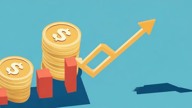 Stacks of golden coins with dollar sign and growing upward arrow chart