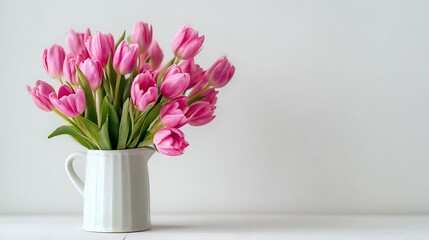 A vibrant bouquet of pink tulips in a white pitcher