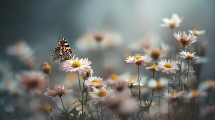 Butterfly rests on delicate wildflowers in soft morning light