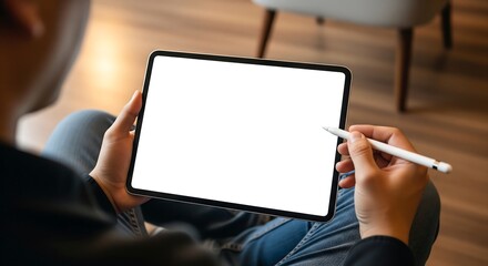 Naklejka premium Person holding a tablet with a blank screen and stylus, ready to create.