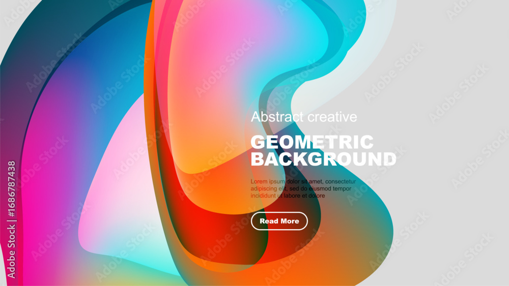 Poster fluid shapes overlap, creating vibrant color gradients. text block present with read more button. mo