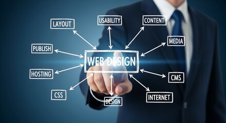 Businessman interacts with a digital web design concept, highlighting various elements of website development.