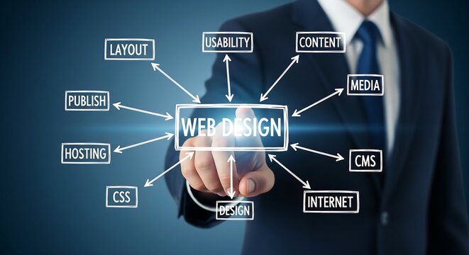 Businessman interacts with a digital web design concept, highlighting various elements of website development.