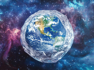 Naklejka premium Frozen Earth Amidst the Cosmos: The Earth, encased in a crystalline shell, floats serenely against a mesmerizing cosmic backdrop, symbolizing climate change